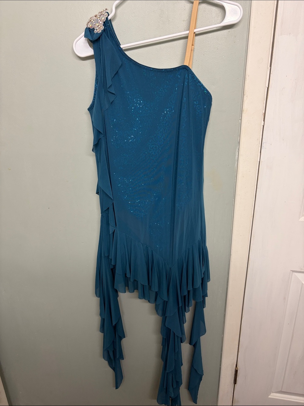 Girls Teal One-Shoulder Ruffle Dance Costume